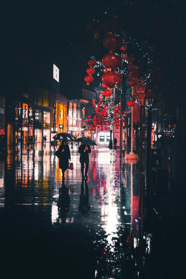 Two people walking under red lanterns on a rain-wet city street at night