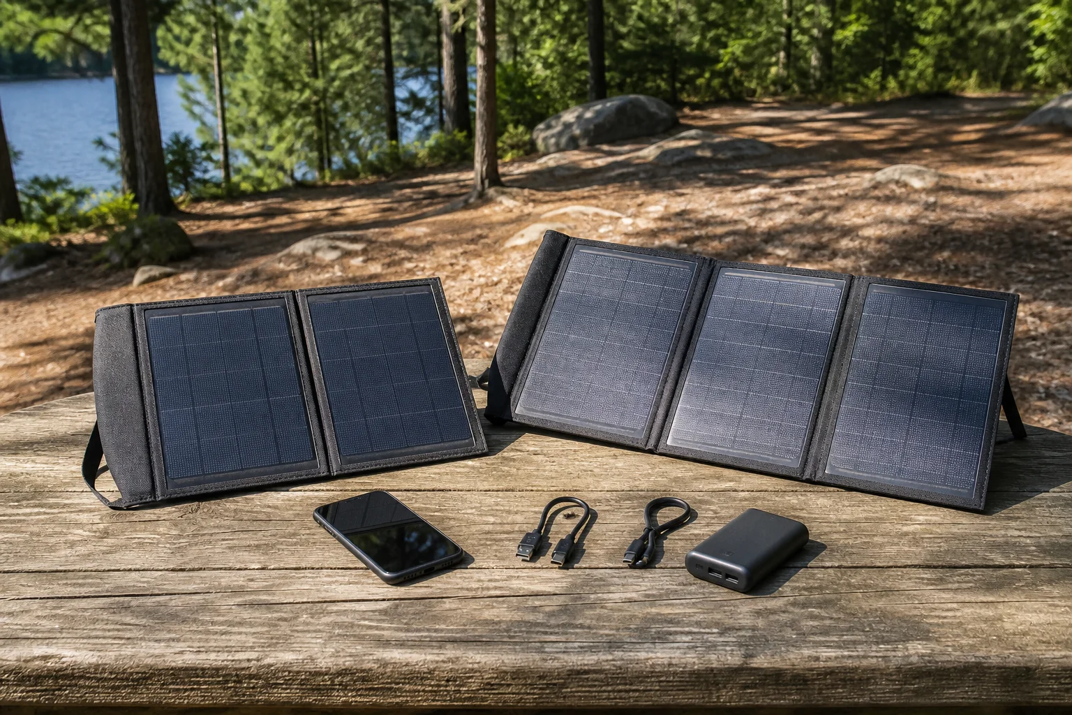 Two foldable solar-panel size classes beside a phone, cables, and a power bank