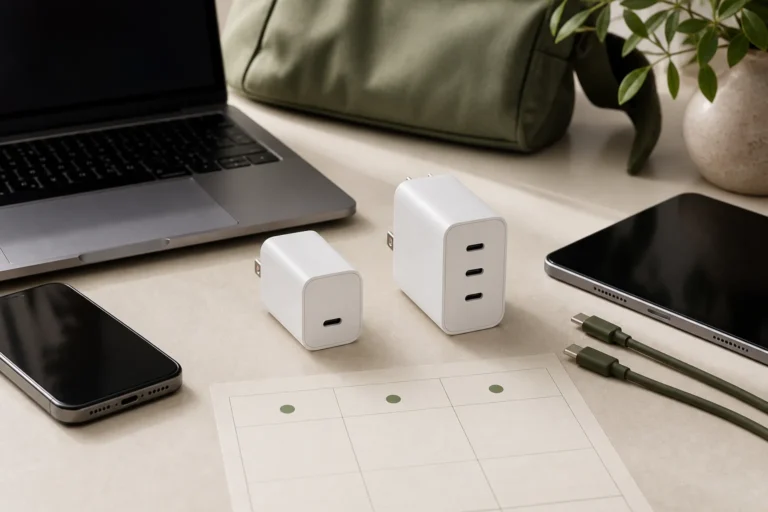USB-C travel charger decision matrix beside a laptop, phone, and charging cables