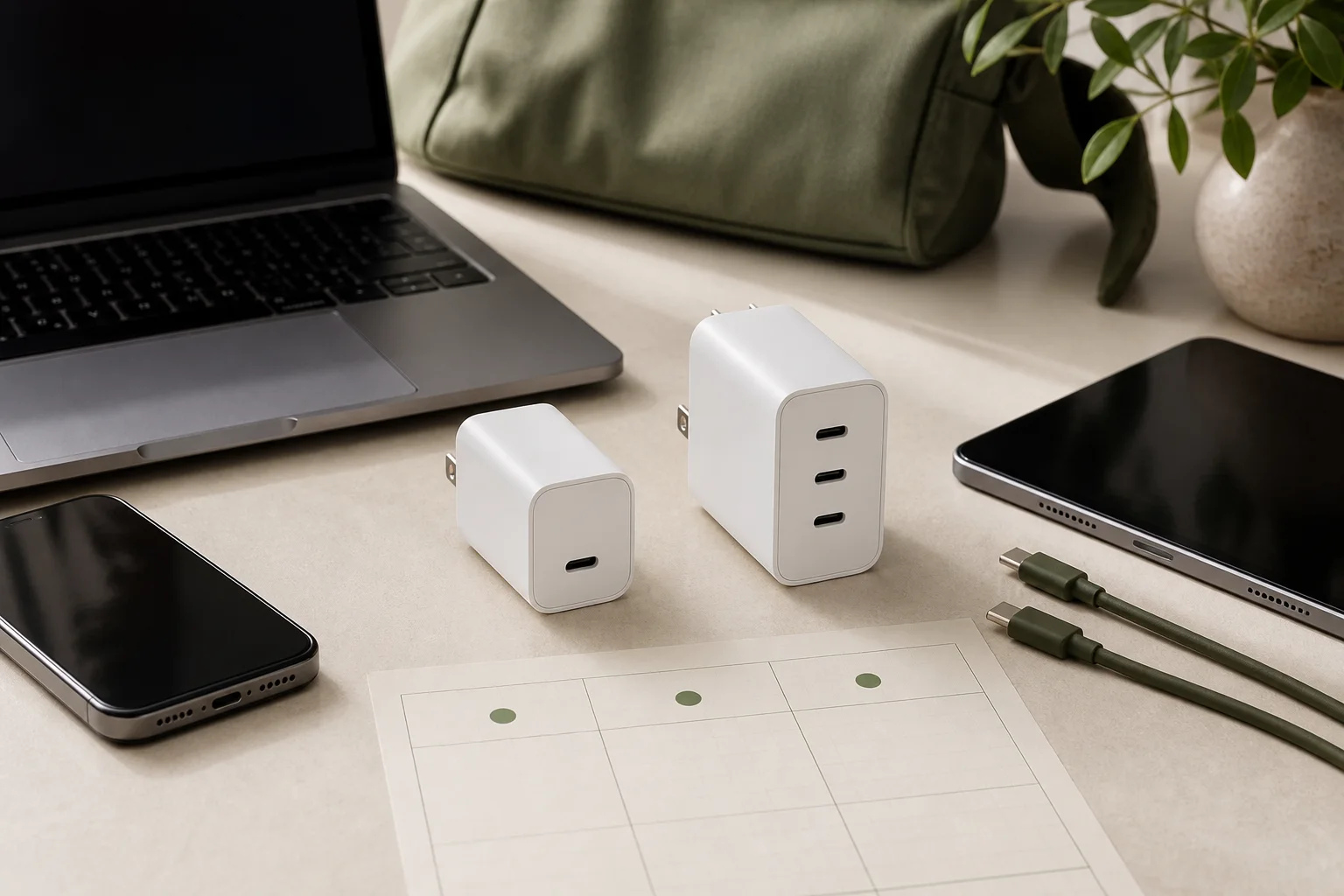USB-C travel charger decision matrix beside a laptop, phone, and charging cables