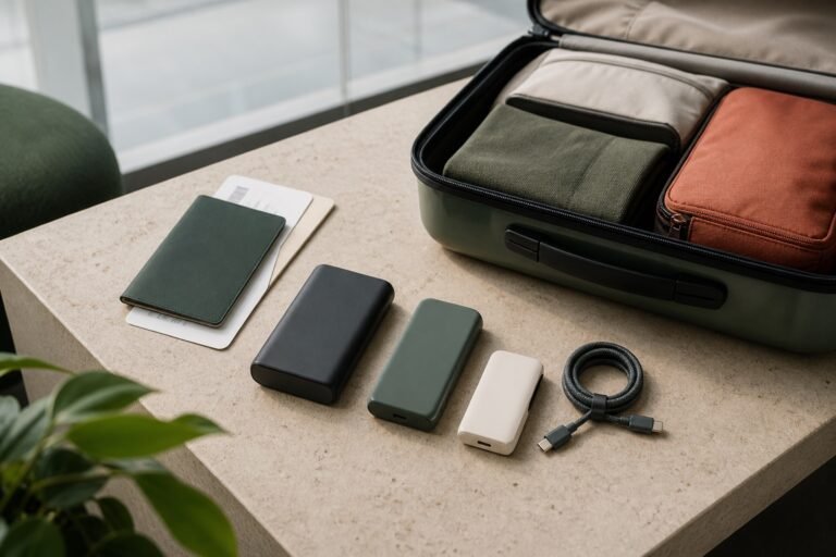 Three unbranded portable power banks, a USB-C cable, and travel documents beside an open carry-on bag