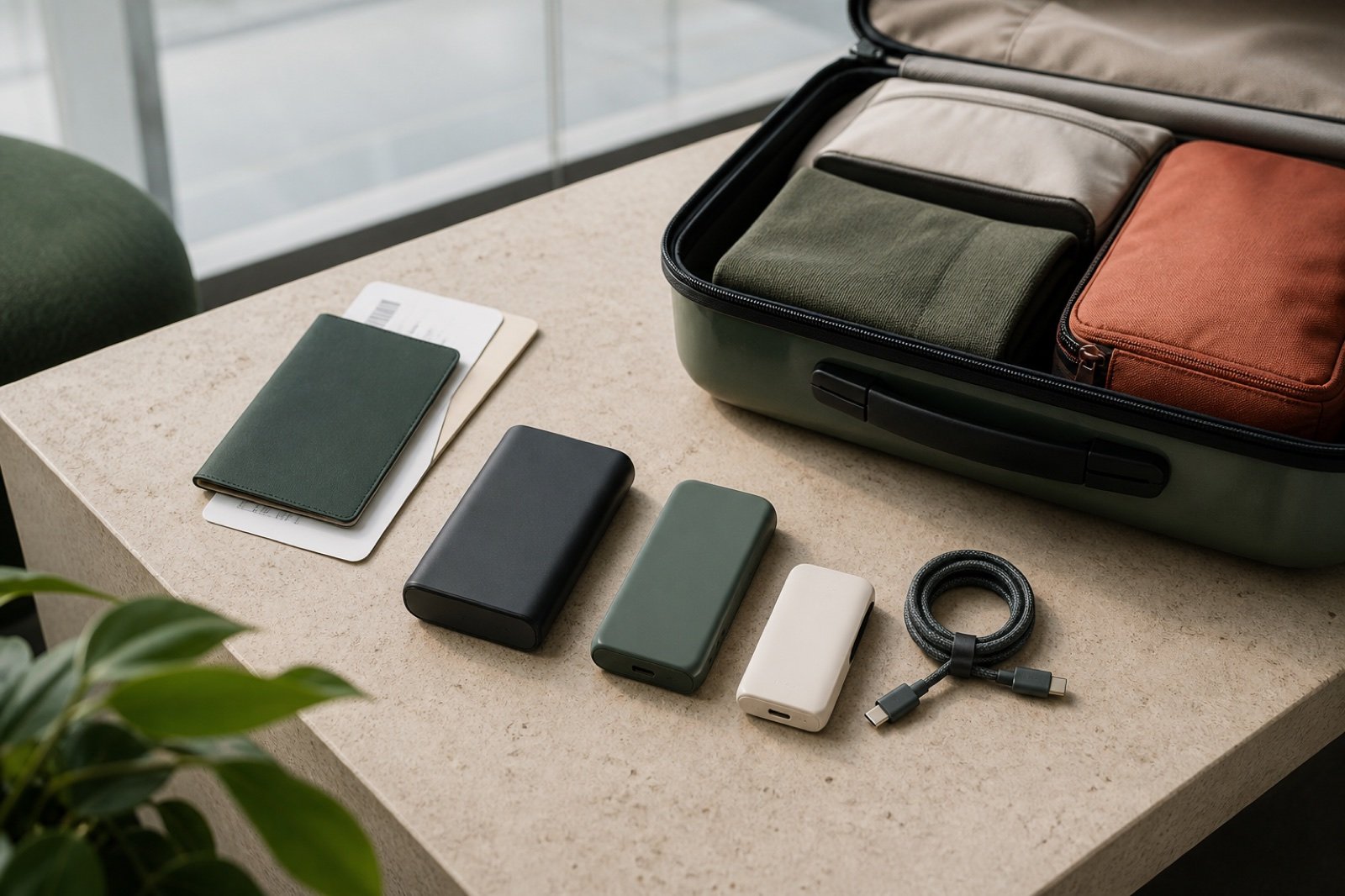 Three unbranded portable power banks, a USB-C cable, and travel documents beside an open carry-on bag