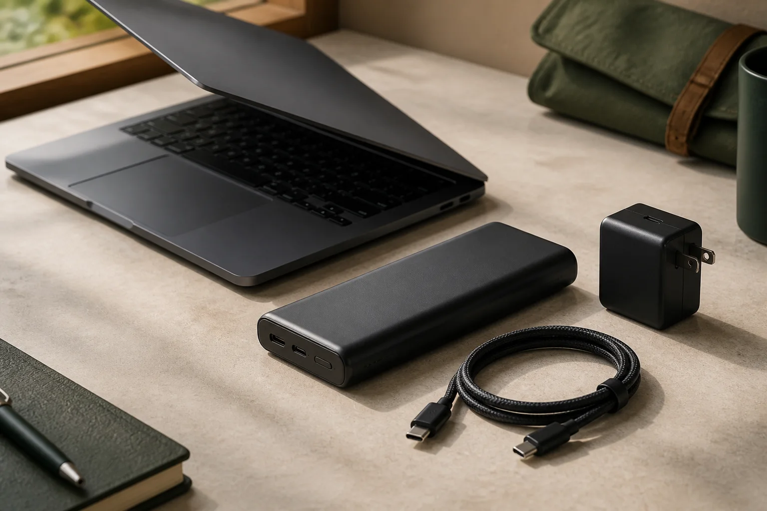 Laptop, USB-C cable, and power bank arranged for carry-on packing