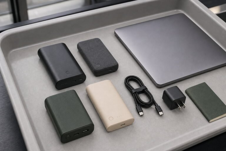 Four USB-C laptop power banks arranged beside a laptop and travel pouch