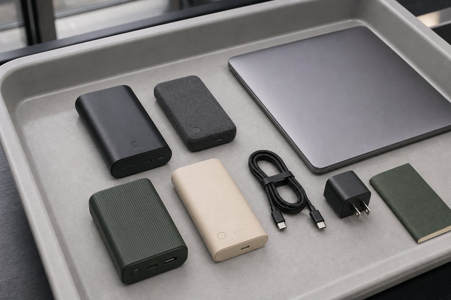 Four USB-C laptop power banks arranged beside a laptop and travel pouch