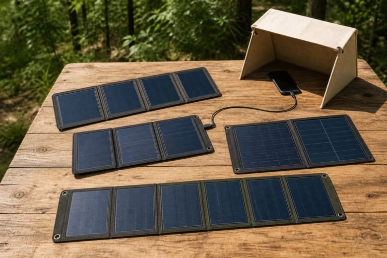 Foldable solar panels connected to a shaded phone on a travel table