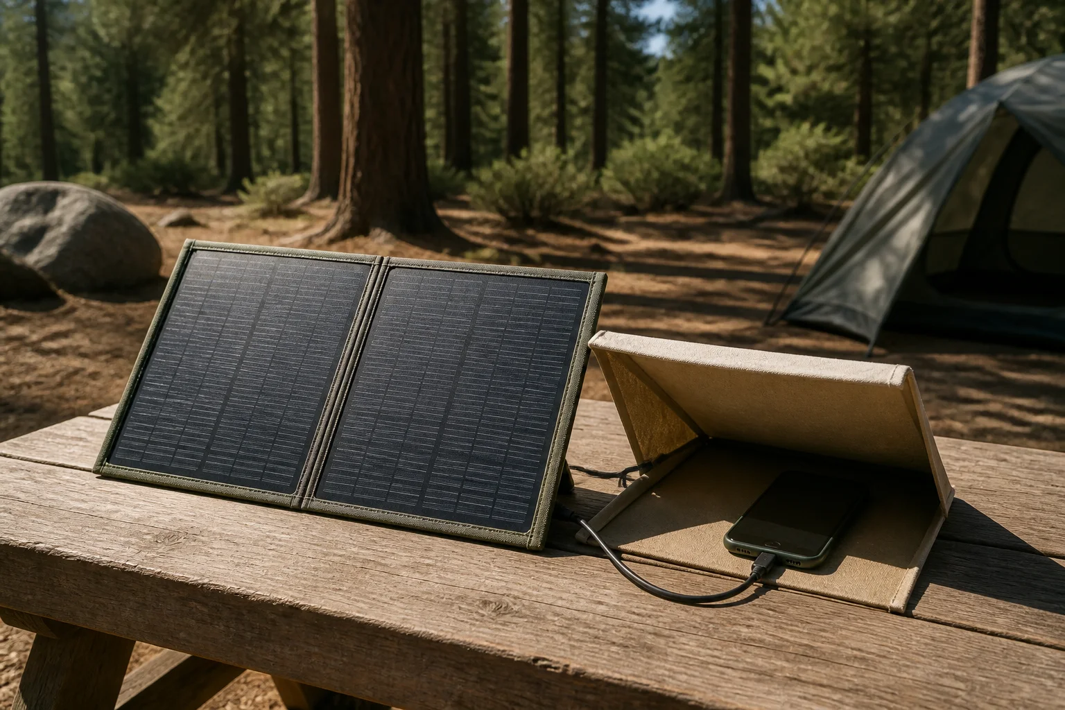 Standalone solar panel in direct sun with a phone kept shaded beside it