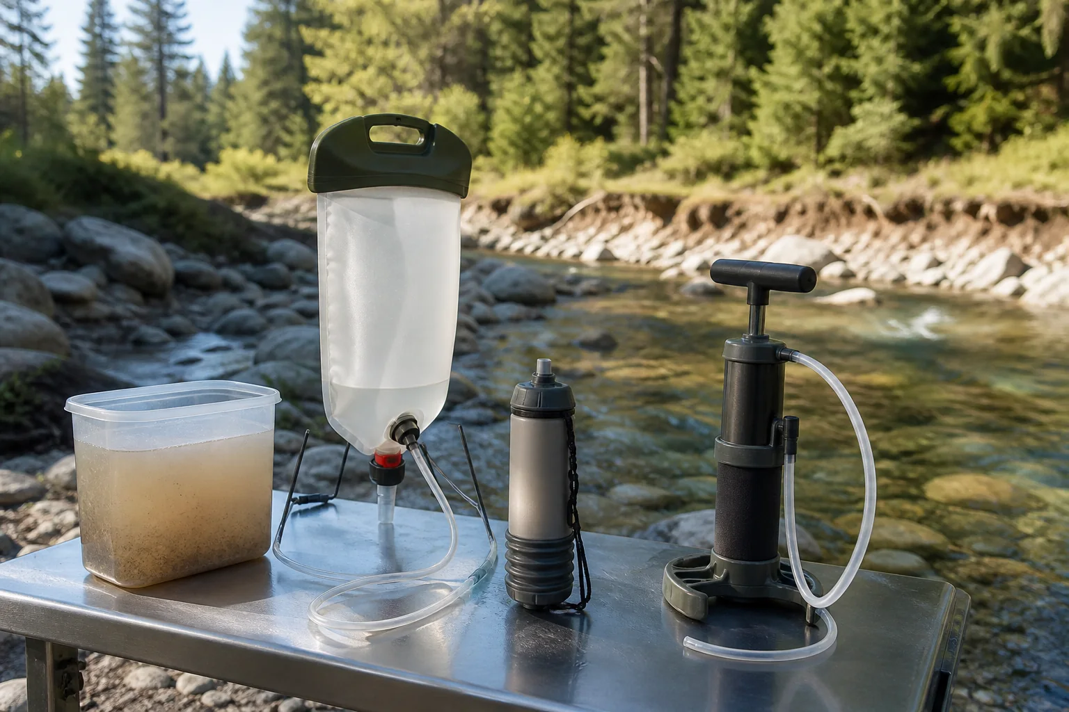 Camping water filter and purifier beside clear stream water and a cloudy container