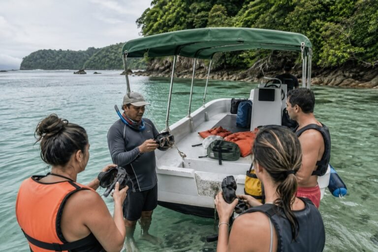 Guide checking masks and flotation gear with a small group beside a tour boat near forested Caño Island