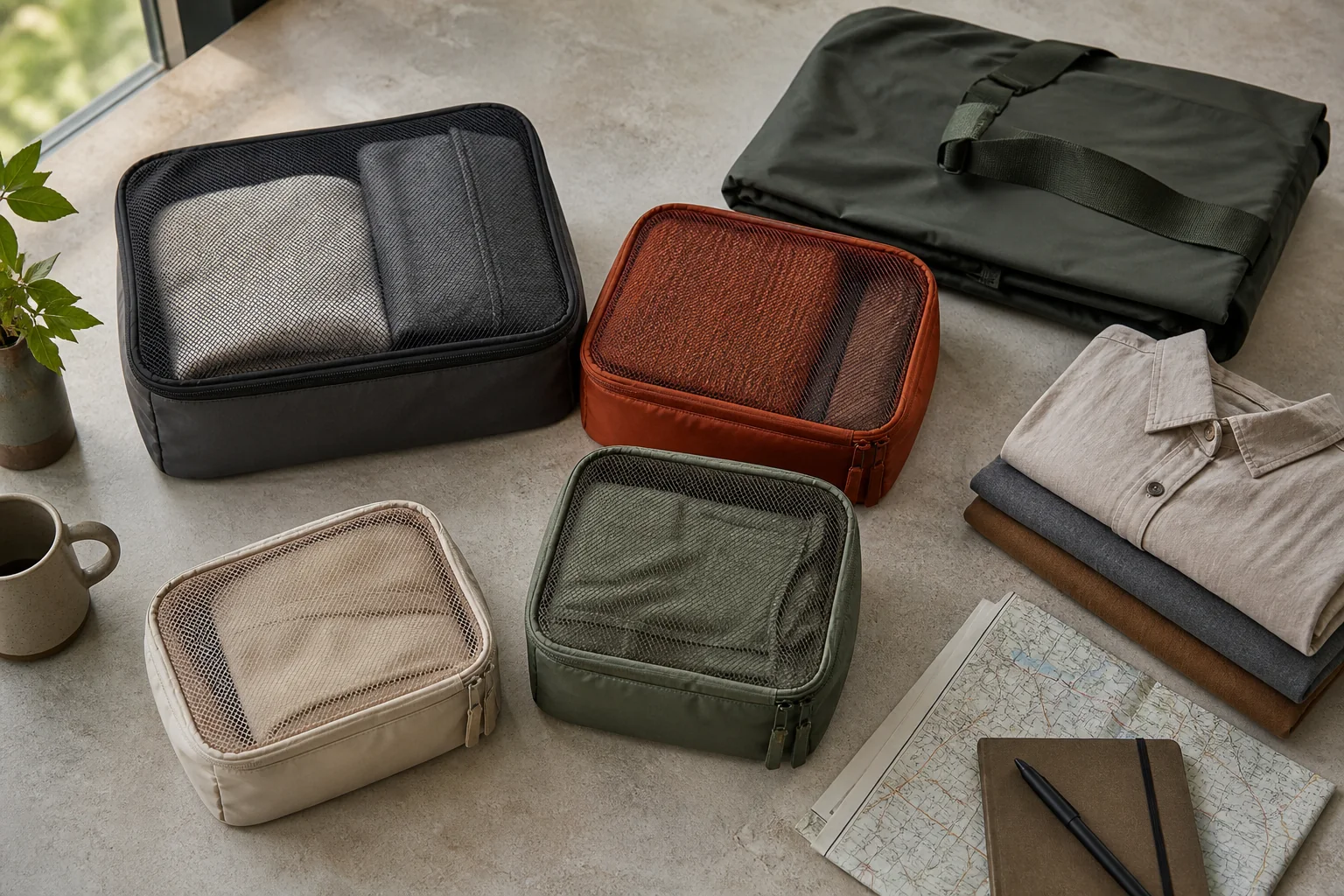 Four fabric packing cubes arranged beside a folded travel bag