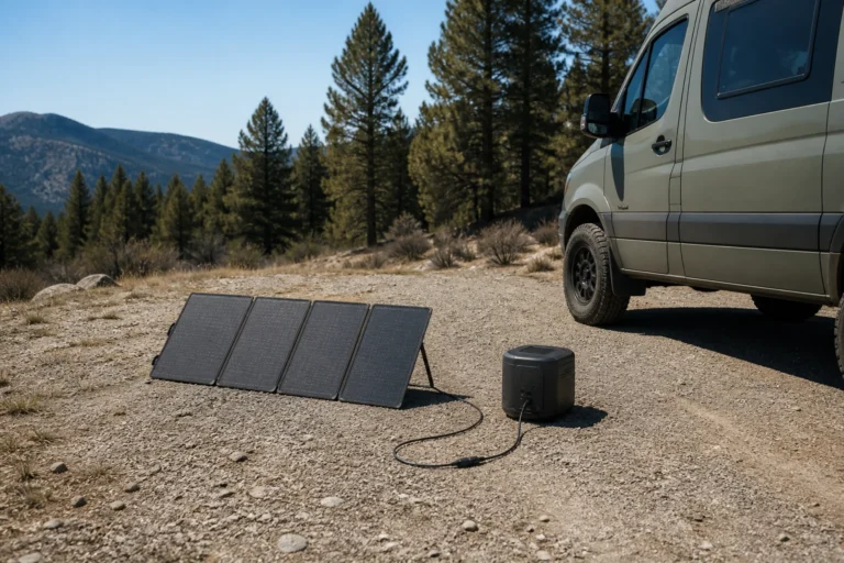 Foldable 100W solar panel beside a vehicle camping power station in open shade-free terrain