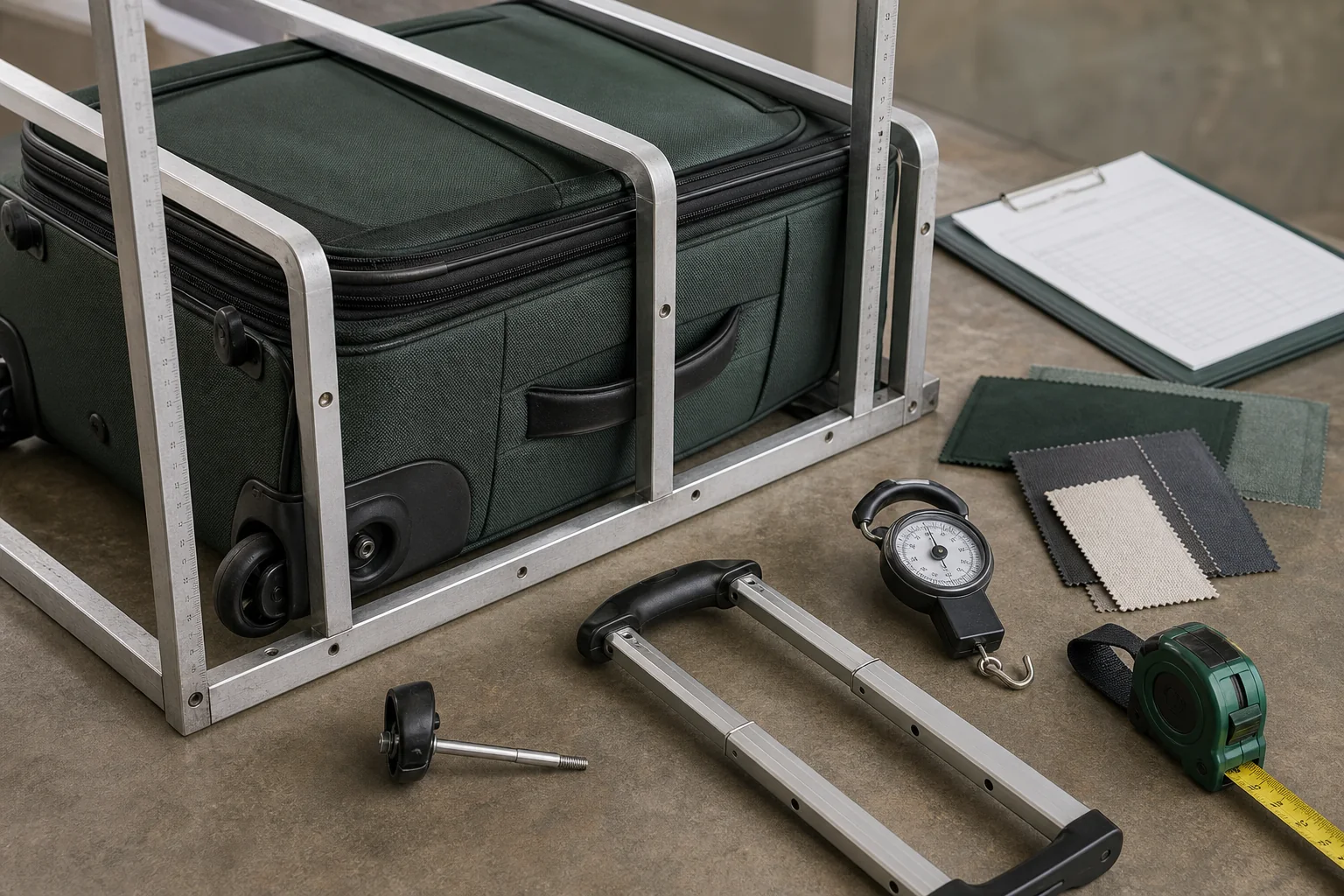 Luggage measuring frame, wheel axle, trolley handle component, and fabric swatches used to compare checked bags