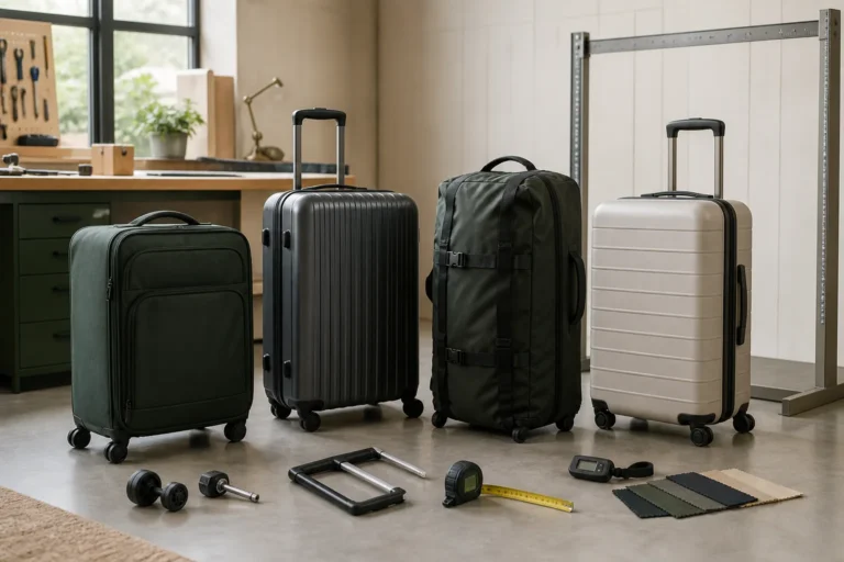 Four checked luggage options arranged beside a repair kit and airline baggage measuring frame