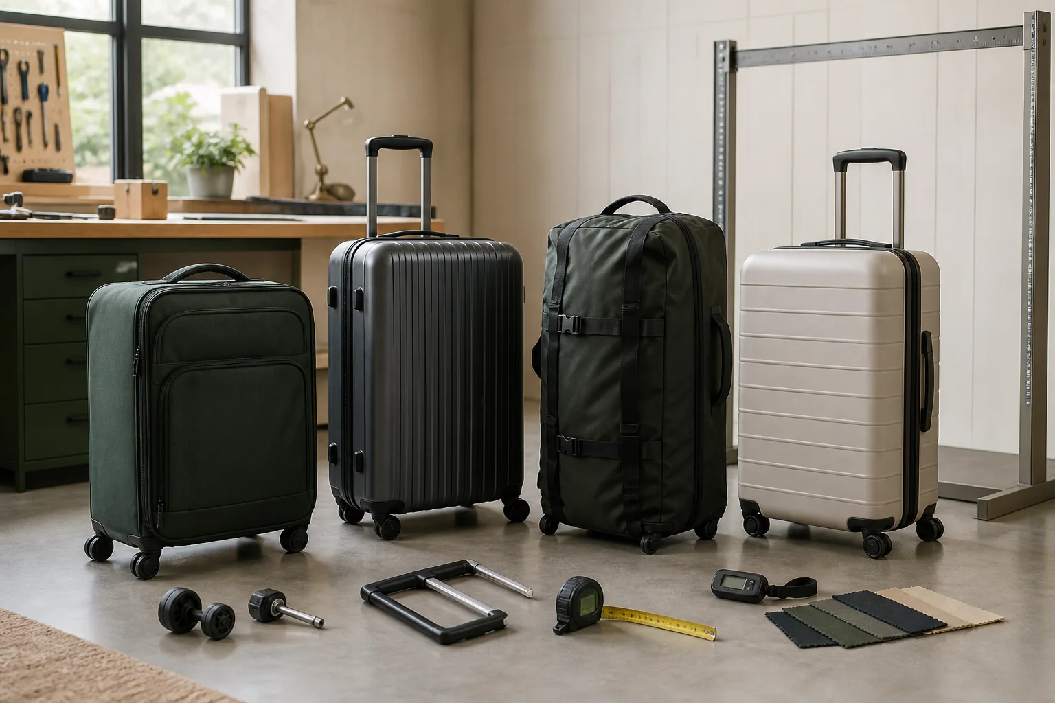 Four checked luggage options arranged beside a repair kit and airline baggage measuring frame