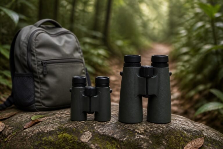 Compact and full-size binoculars beside a travel daypack on a shaded wildlife trail