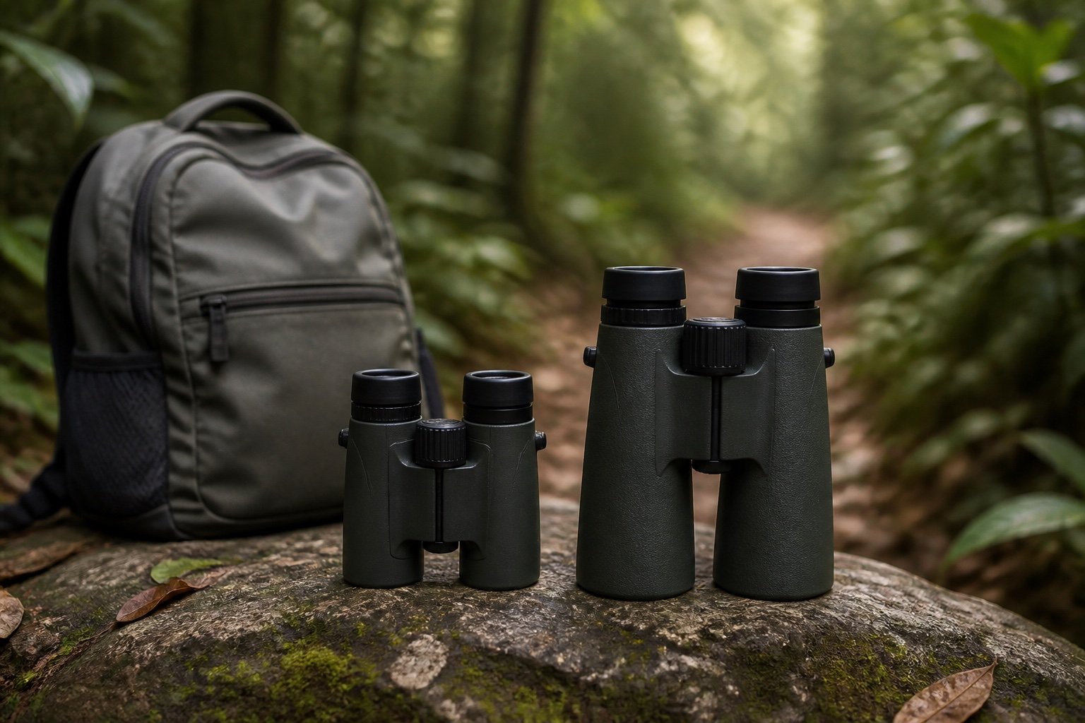 Compact and full-size binoculars beside a travel daypack on a shaded wildlife trail