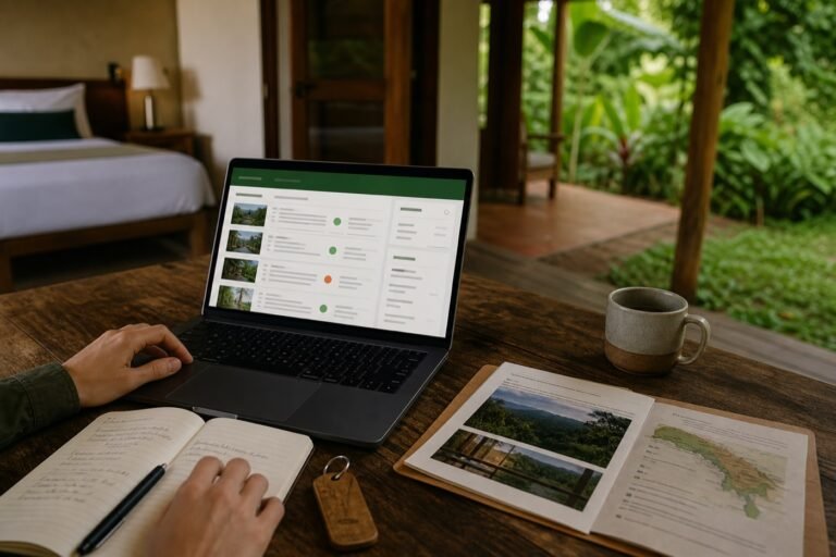 Researcher comparing an online certification directory, property notes, and hotel information at a nature-connected Costa Rica stay