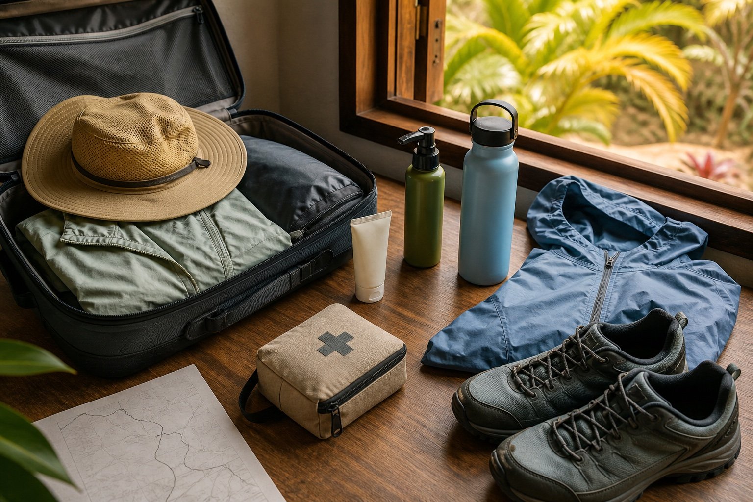 Open carry-on beside a Costa Rica route map with sun hat, sunscreen, repellent, and trail shoes