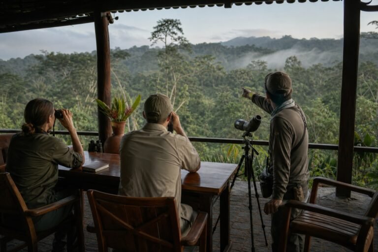 Birding guide and two travelers using binoculars and a spotting scope from an open-air lodge deck above rainforest