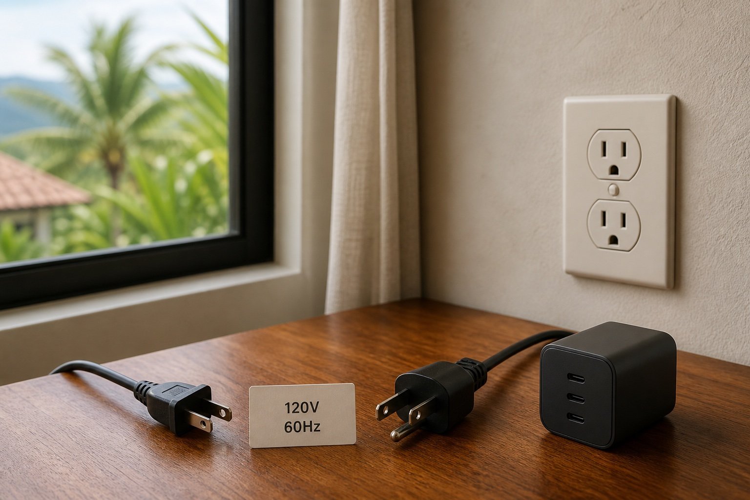 US Type A and B plugs beside a compact travel charger