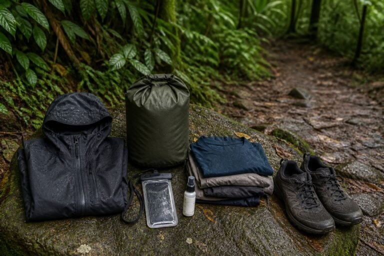 Rain gear and dry-storage kit beside a wet Costa Rica trail