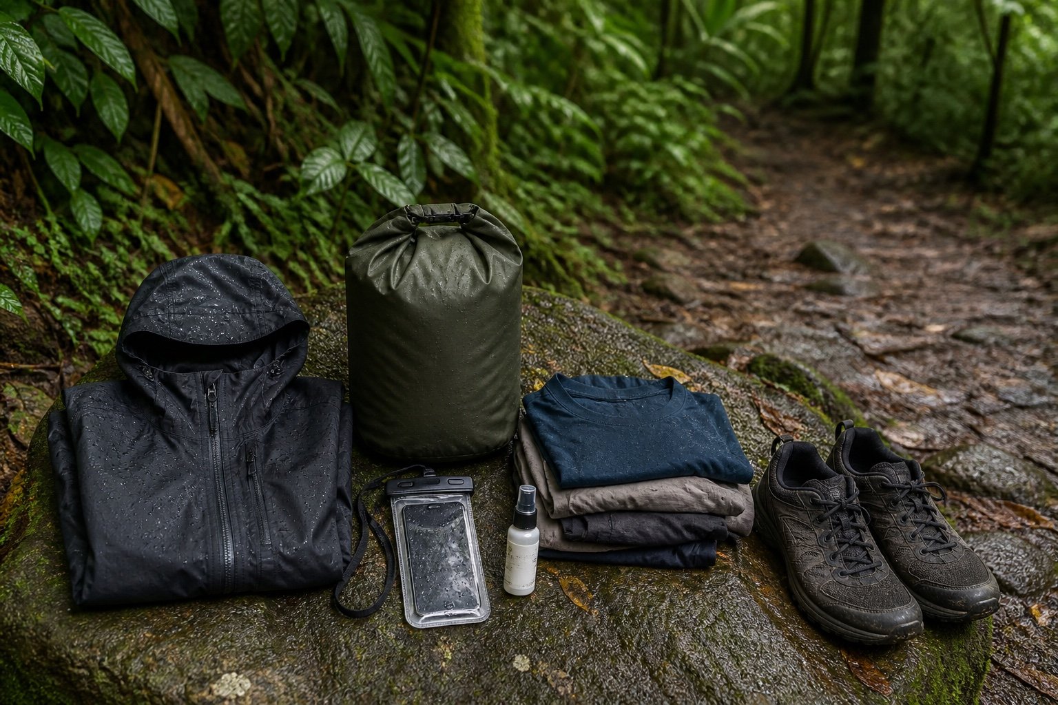 Rain gear and dry-storage kit beside a wet Costa Rica trail