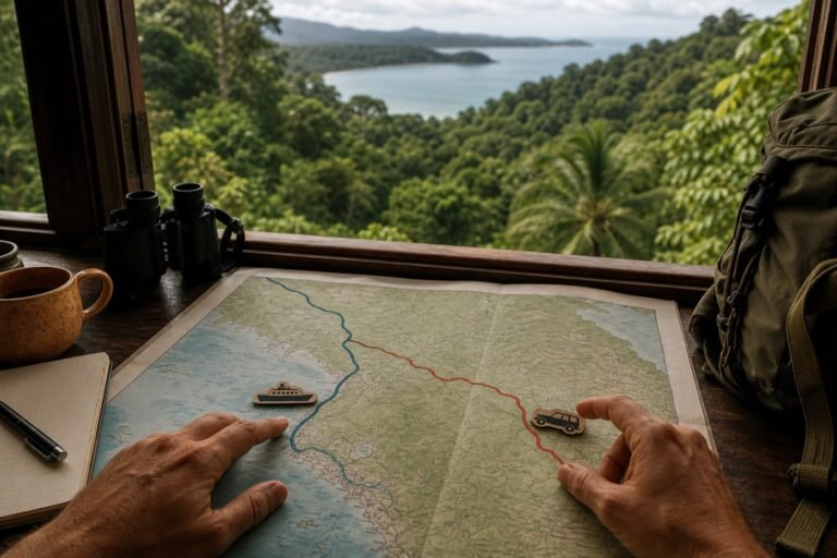 Traveler comparing boat and road approach routes across an Osa Peninsula map beside a rainforest window