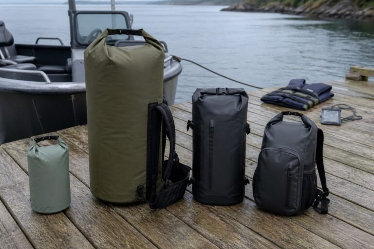 Four dry-bag configurations beside a small boat landing