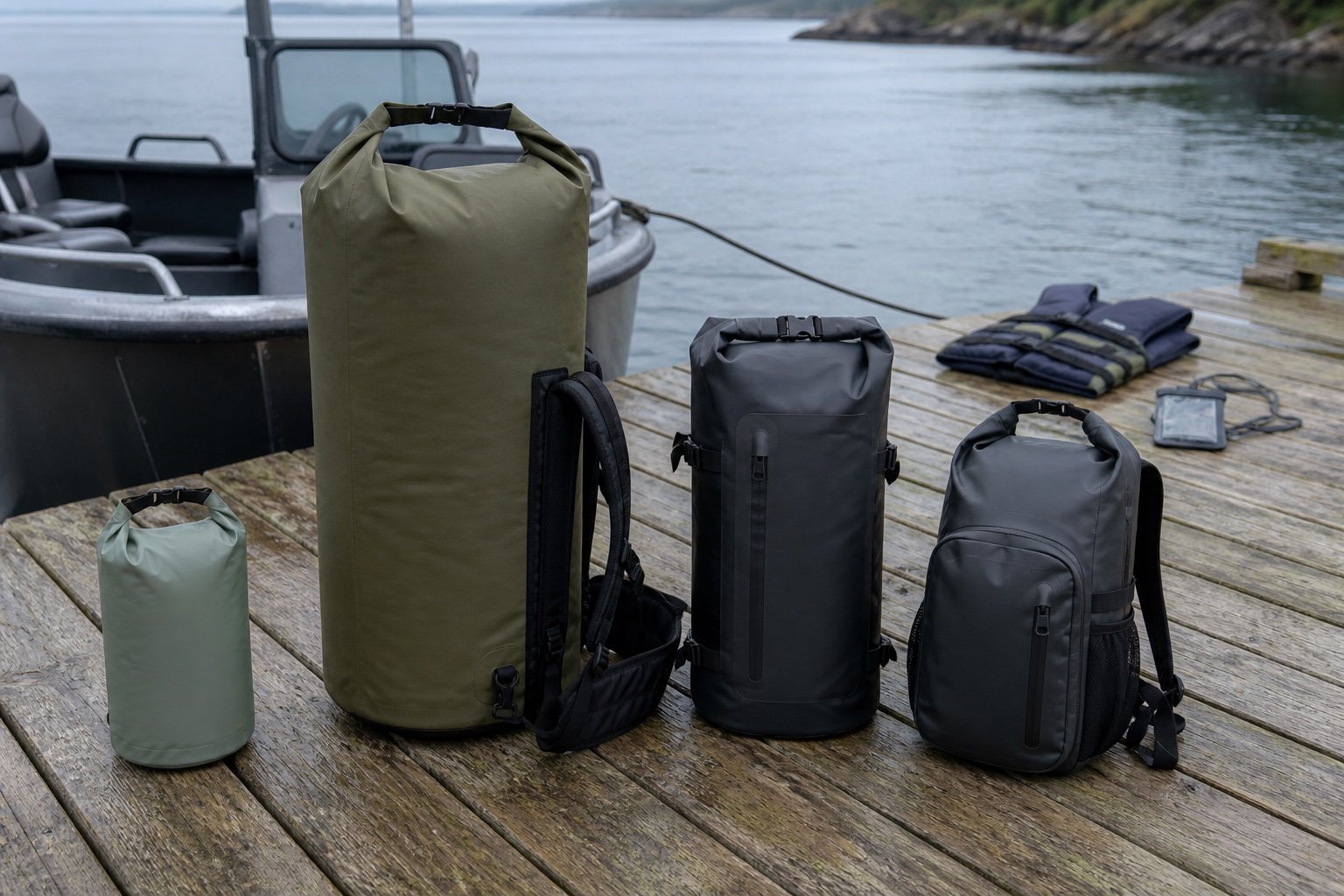 Four dry-bag configurations beside a small boat landing