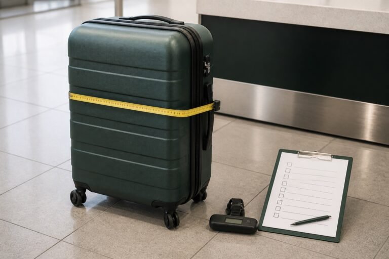 Carry-on case measured beside a route checklist