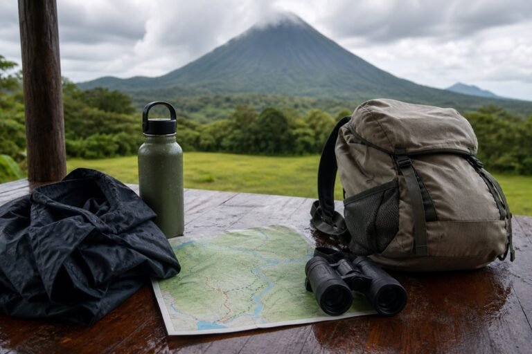 Rain shell, reusable bottle, map, binoculars, and daypack arranged on a field table below Arenal Volcano