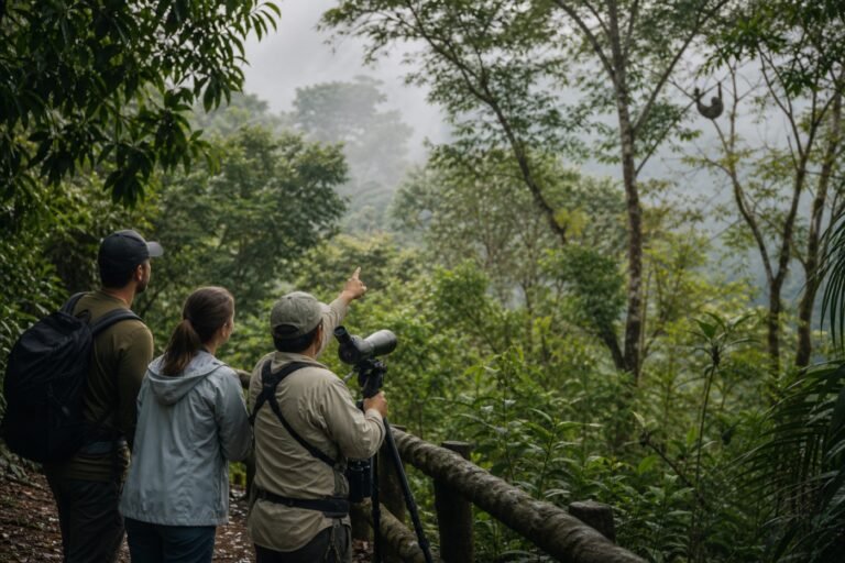 Naturalist guide and two visitors using a spotting scope from a marked rainforest path near La Fortuna