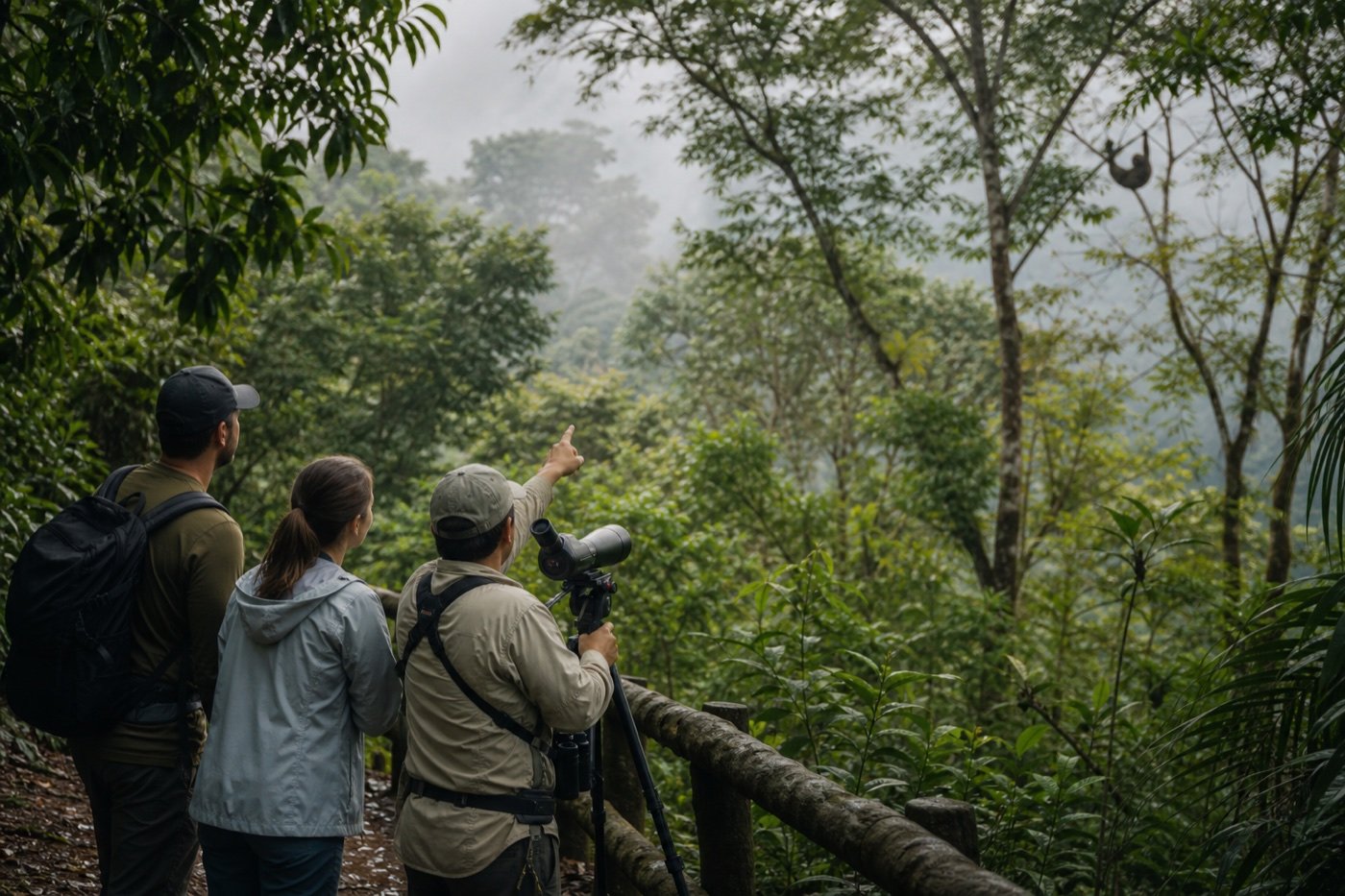 Naturalist guide and two visitors using a spotting scope from a marked rainforest path near La Fortuna