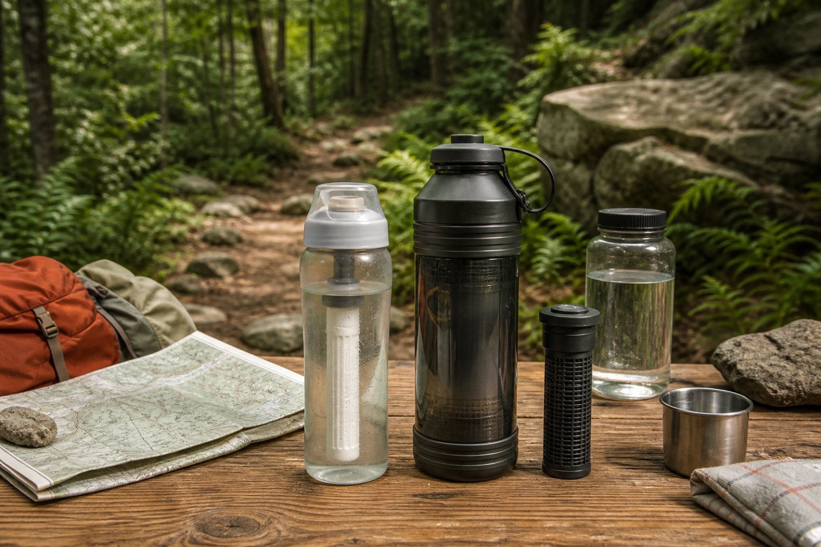 Unbranded straw-filter bottle and press-style water purifier with a replacement cartridge on a forest trail table