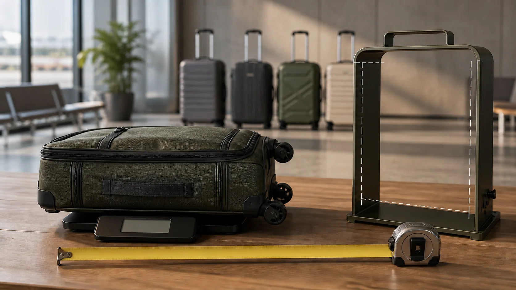 Carry-on suitcase on a luggage scale beside a tape measure