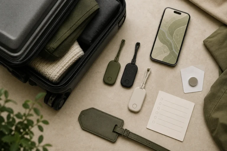 Three compact luggage trackers beside a packed carry-on, phone, spare coin battery, and privacy-focused travel checklist.
