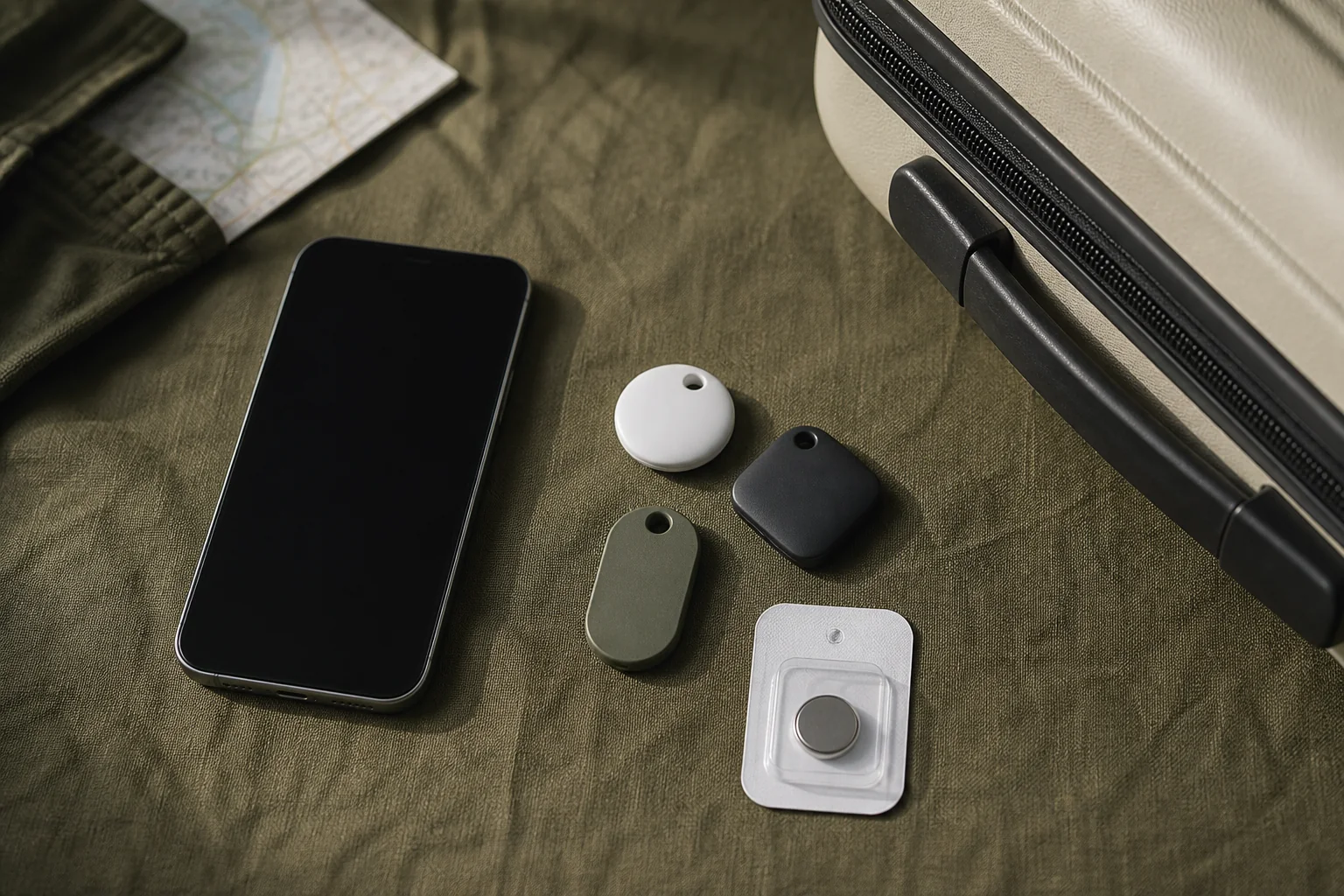 A phone, compact luggage trackers, and a replaceable coin-cell battery arranged beside a carry-on.
