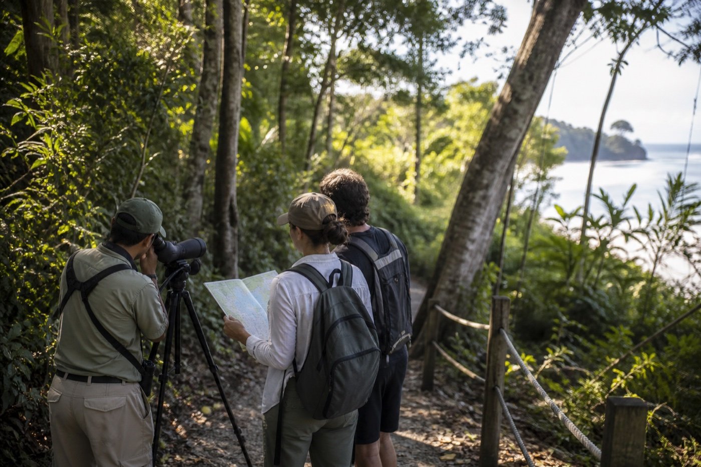 Naturalist guide using a spotting scope beside two visitors on a tropical forest trail with the Pacific coast beyond