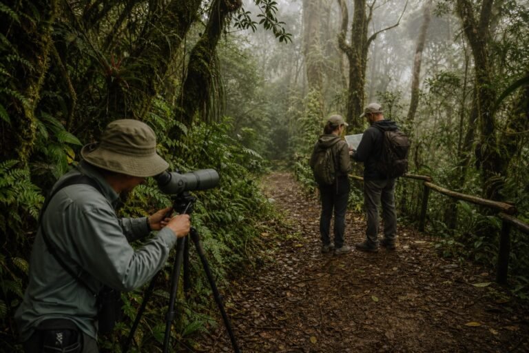 Naturalist guide setting a spotting scope while two visitors consult a map on a misty Monteverde cloud forest trail