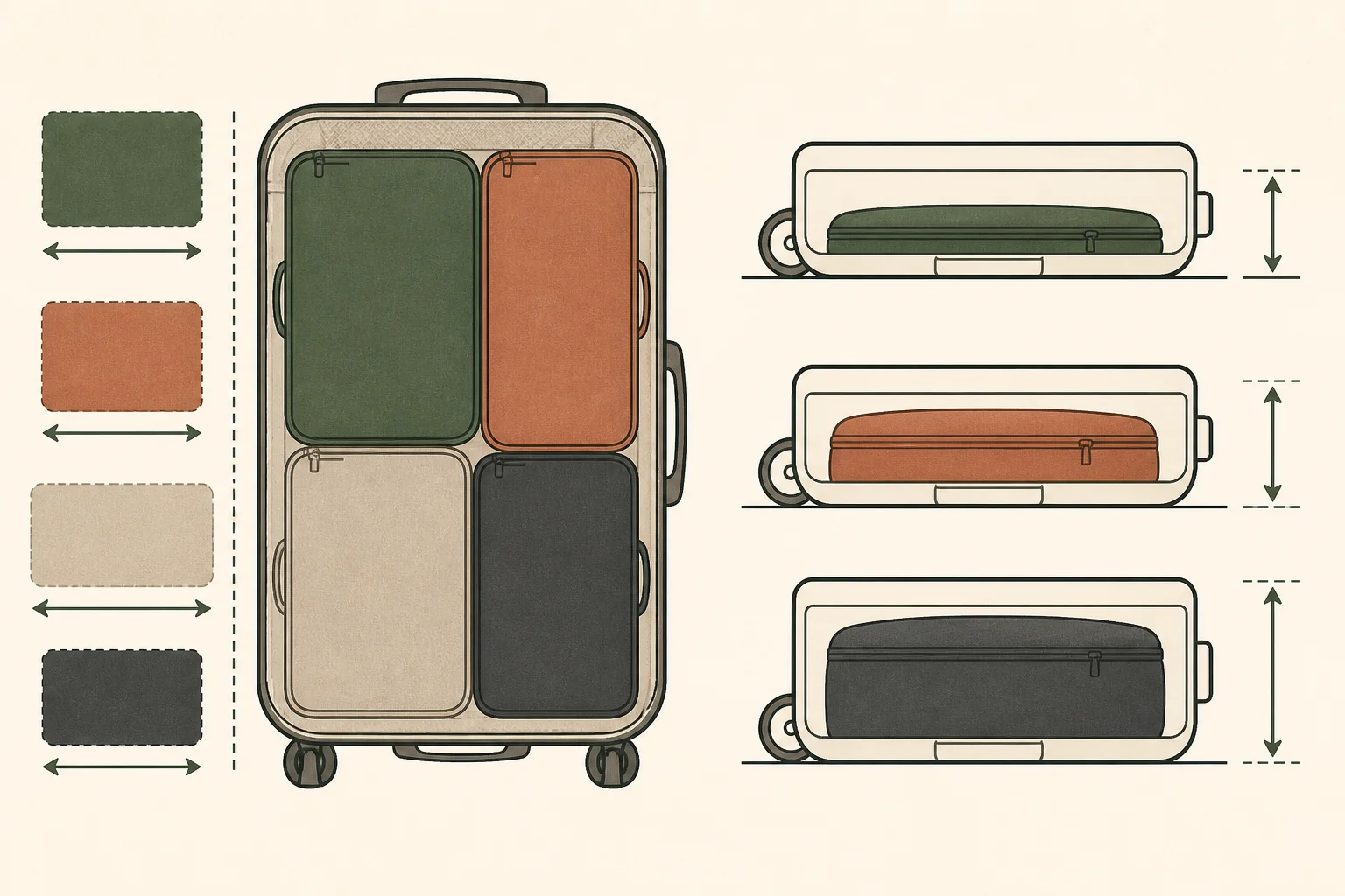 Diagram comparing packing-cube footprints and loaded depths inside a carry-on bag