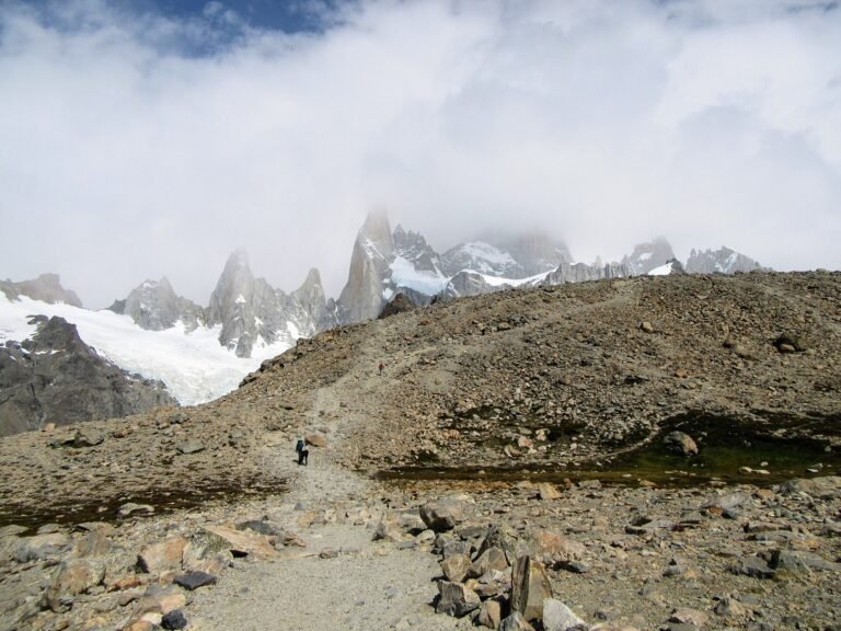 Hikers walking the Fitz Roy trail near El Chalten in Patagonia