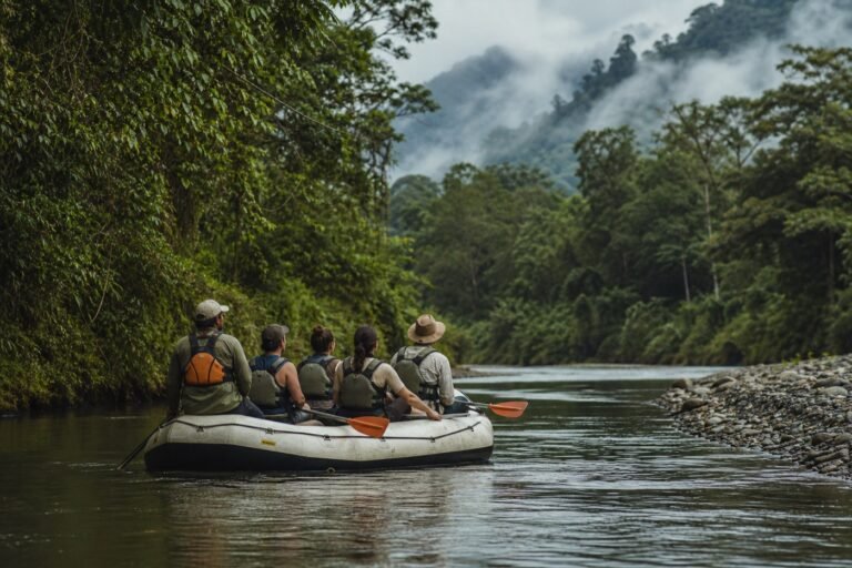 Small guided raft carrying travelers quietly along a forest-lined river near La Fortuna