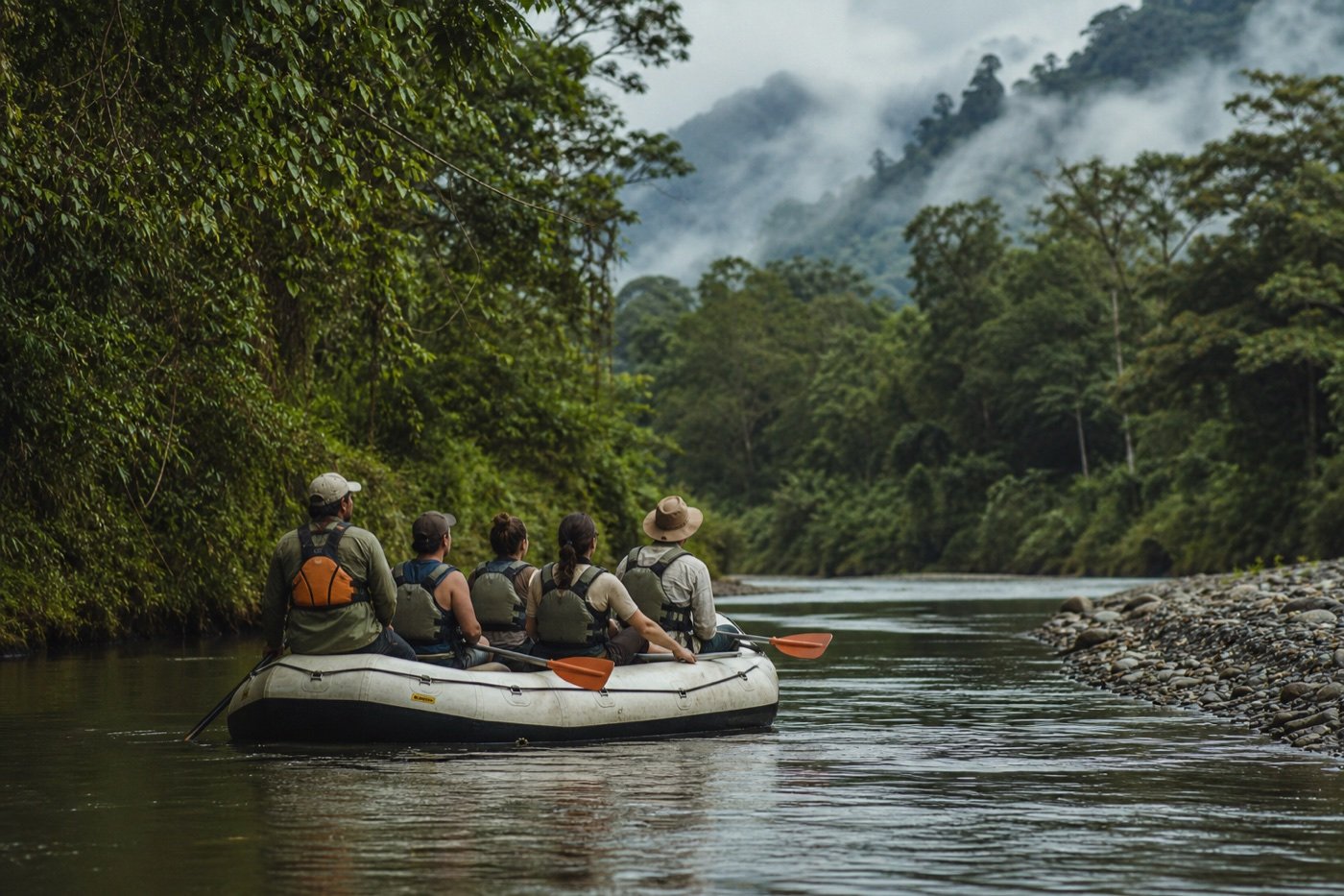 Small guided raft carrying travelers quietly along a forest-lined river near La Fortuna