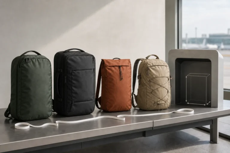 Four soft backpacks beside an airport underseat bag sizer