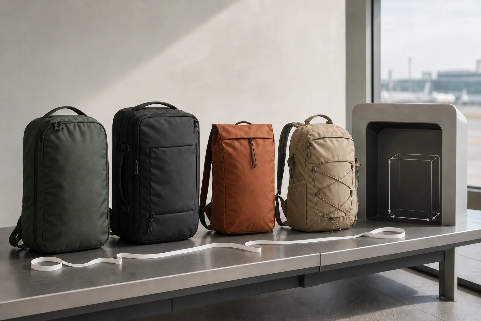 Four soft backpacks beside an airport underseat bag sizer