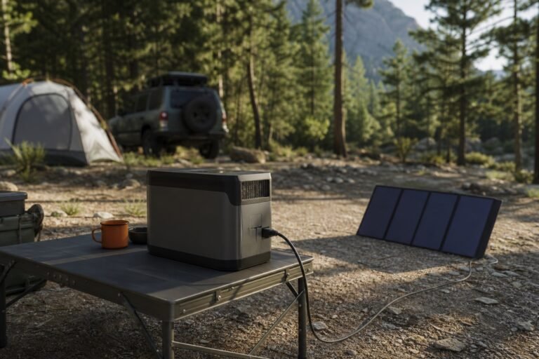 Compact unbranded portable power station on a camp table connected to a folding solar panel, with a tent and vehicle in the background