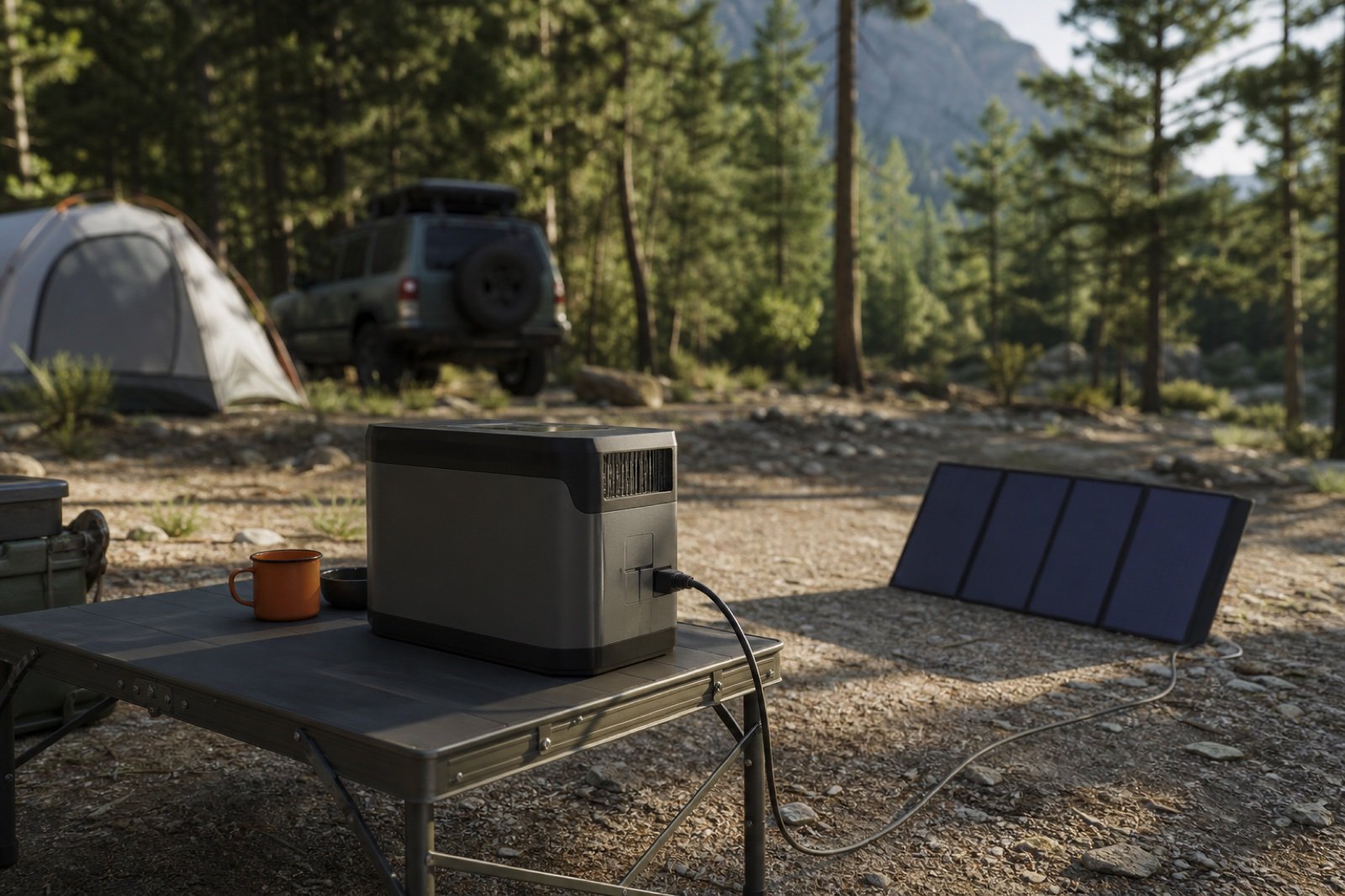 Compact unbranded portable power station on a camp table connected to a folding solar panel, with a tent and vehicle in the background