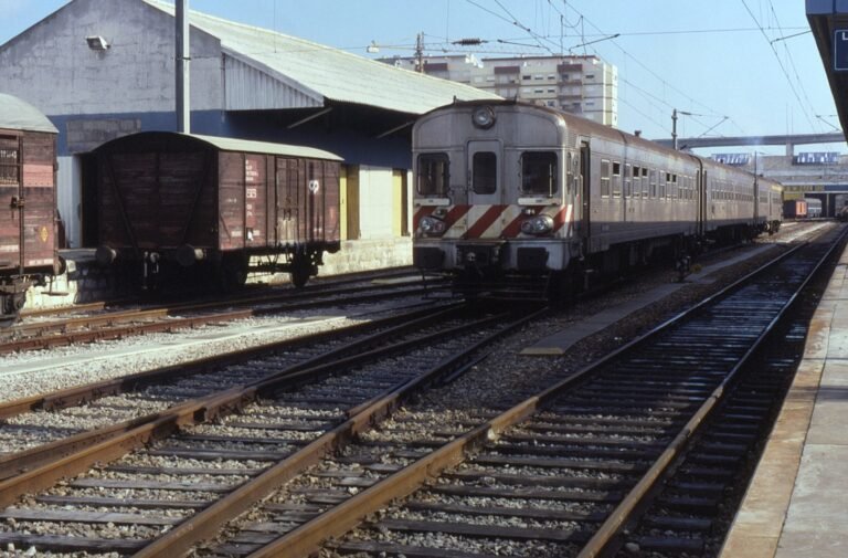 Passenger train traveling beside the coast near Figueira da Foz in Portugal