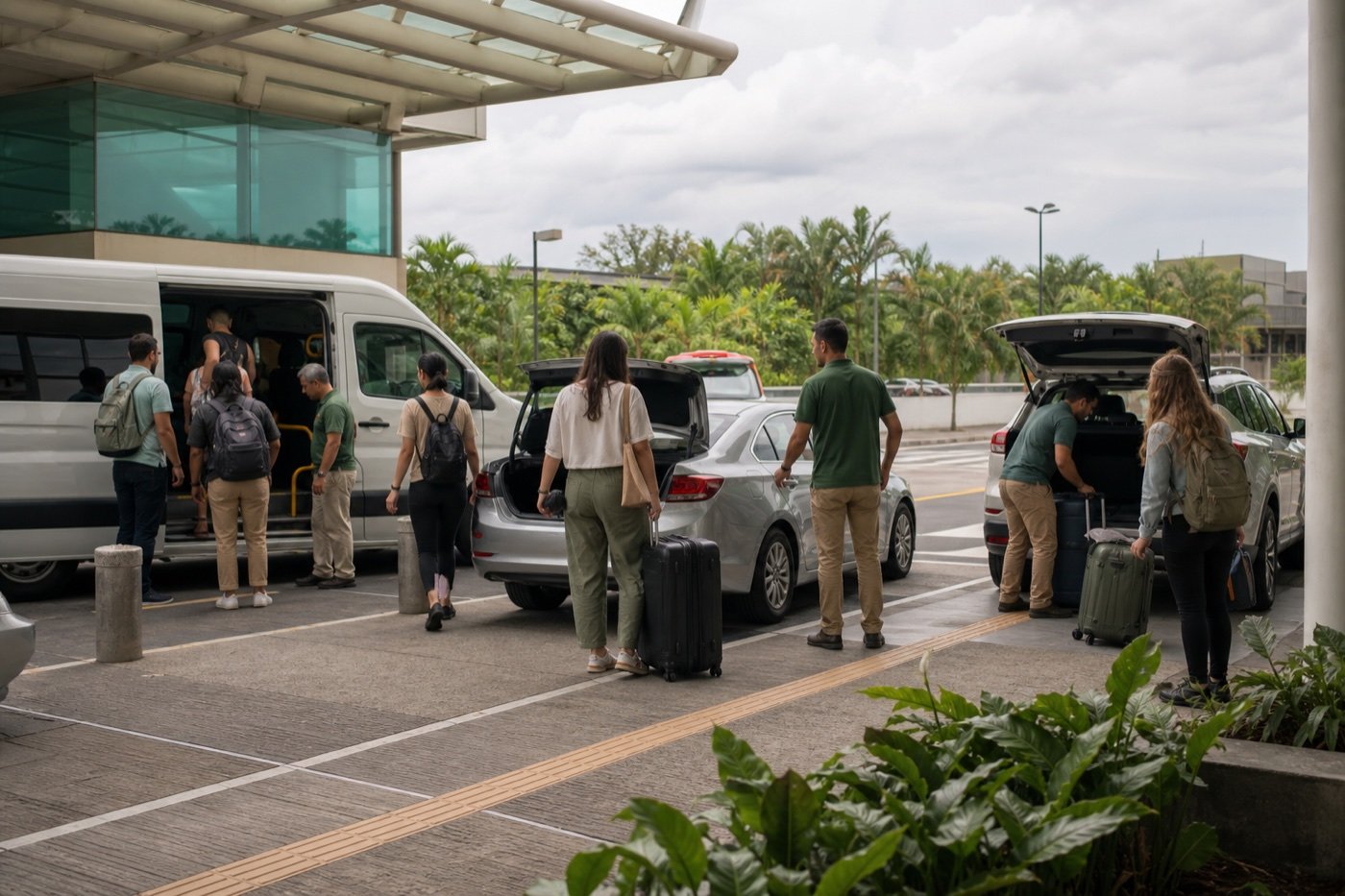 Travelers with luggage choosing between a shared shuttle, private car, and rental vehicle outside a Costa Rican airport