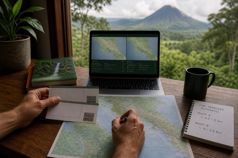 Traveler comparing two unlabeled arrival routes on a map and laptop with Arenal Volcano visible beyond a field desk